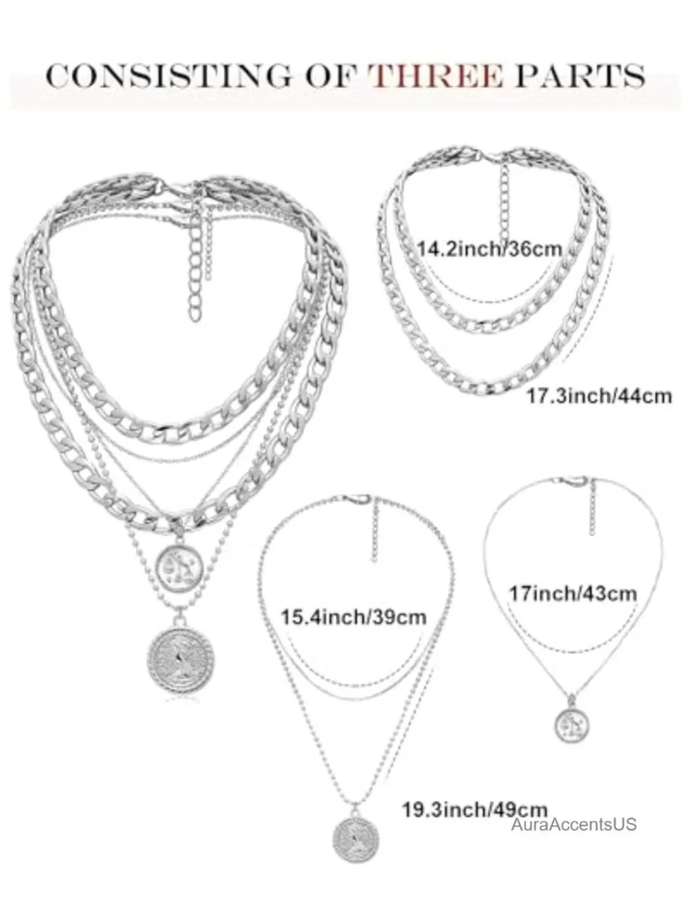 3 Piece Layered Coin Pendant Necklace Set for Women Retro Chunky Chain
